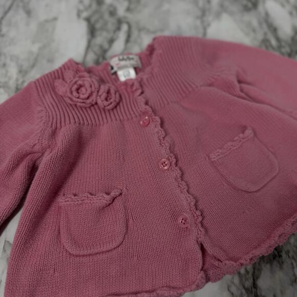 Baby Gap Original Girl Cardigan Sweater Pink 12-18 mo Rosette Scalloped Edges - Picture 3 of 6